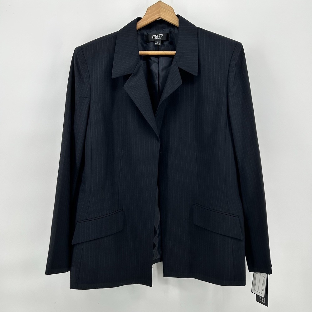 Kasper Blazer Womens Sz 18 Black White Pinstripe Open Front Career Minimal NWT